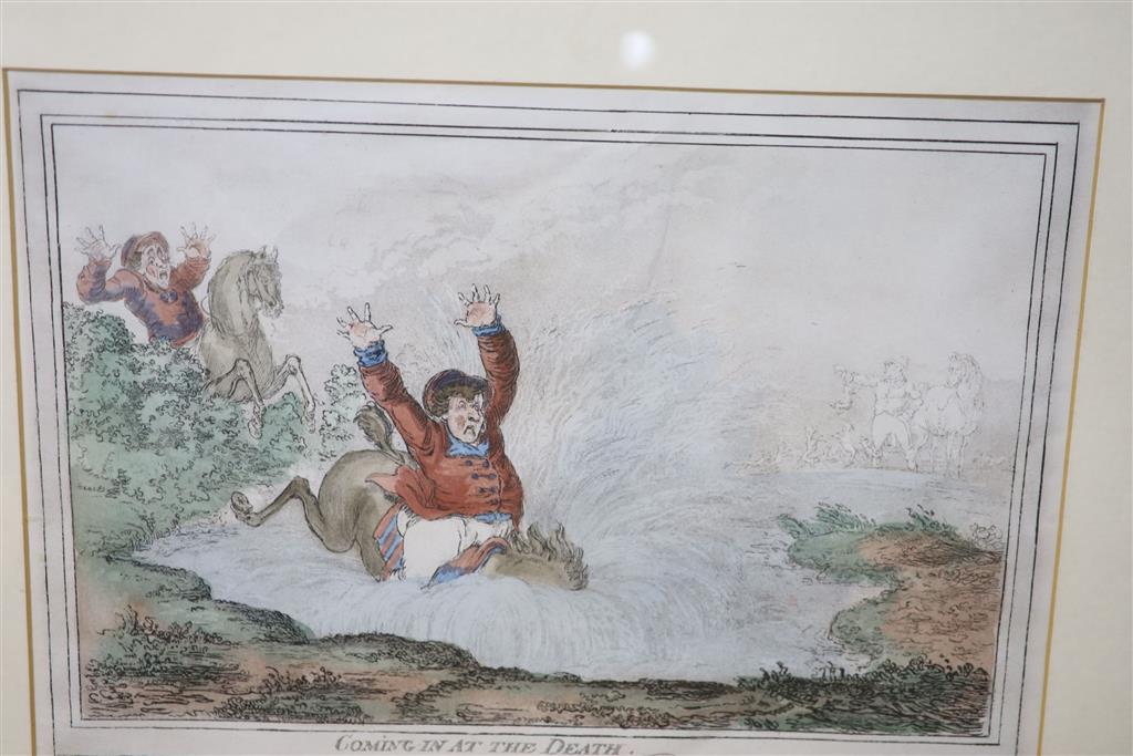 After Gilray, set of 4 coloured engravings (reprints), Hunting scenes, 26 x 38cm.